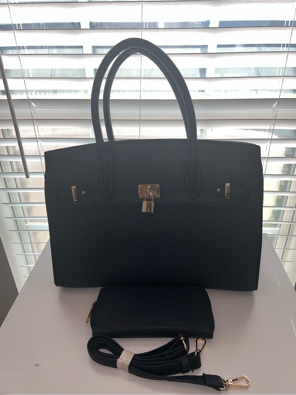 Blue and Black Bundle Women's Structured Tote Bag withGold Hardware and 1Wallet